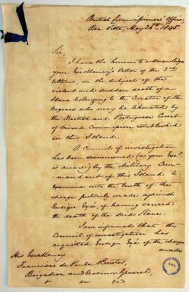 Carta do Comissário Britânico H. W. Macaulay ao Governador-Geral Francisco de Paula Bastos relati...