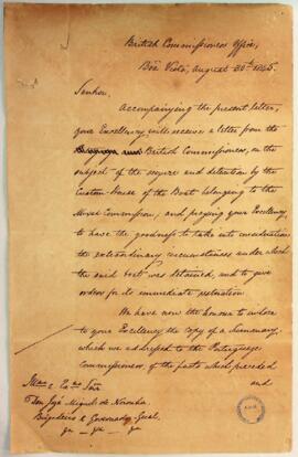 Carta da Repartição dos Comissários Britânicos na Boa Vista ao Brigadeiro e Governador Geral, D. ...