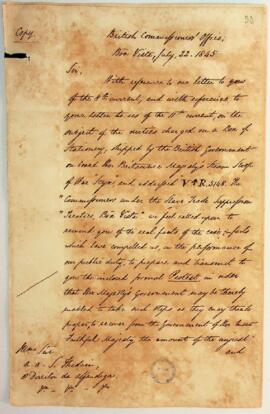 Carta da Repartição dos Comissários Britânicos ao Diretor da Alfândega da Boa Vista sobre o despa...