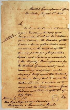 Carta dos Comissários Britânicos ao Brigadeiro e Governador-Geral da Província de Cabo Verde sobr...